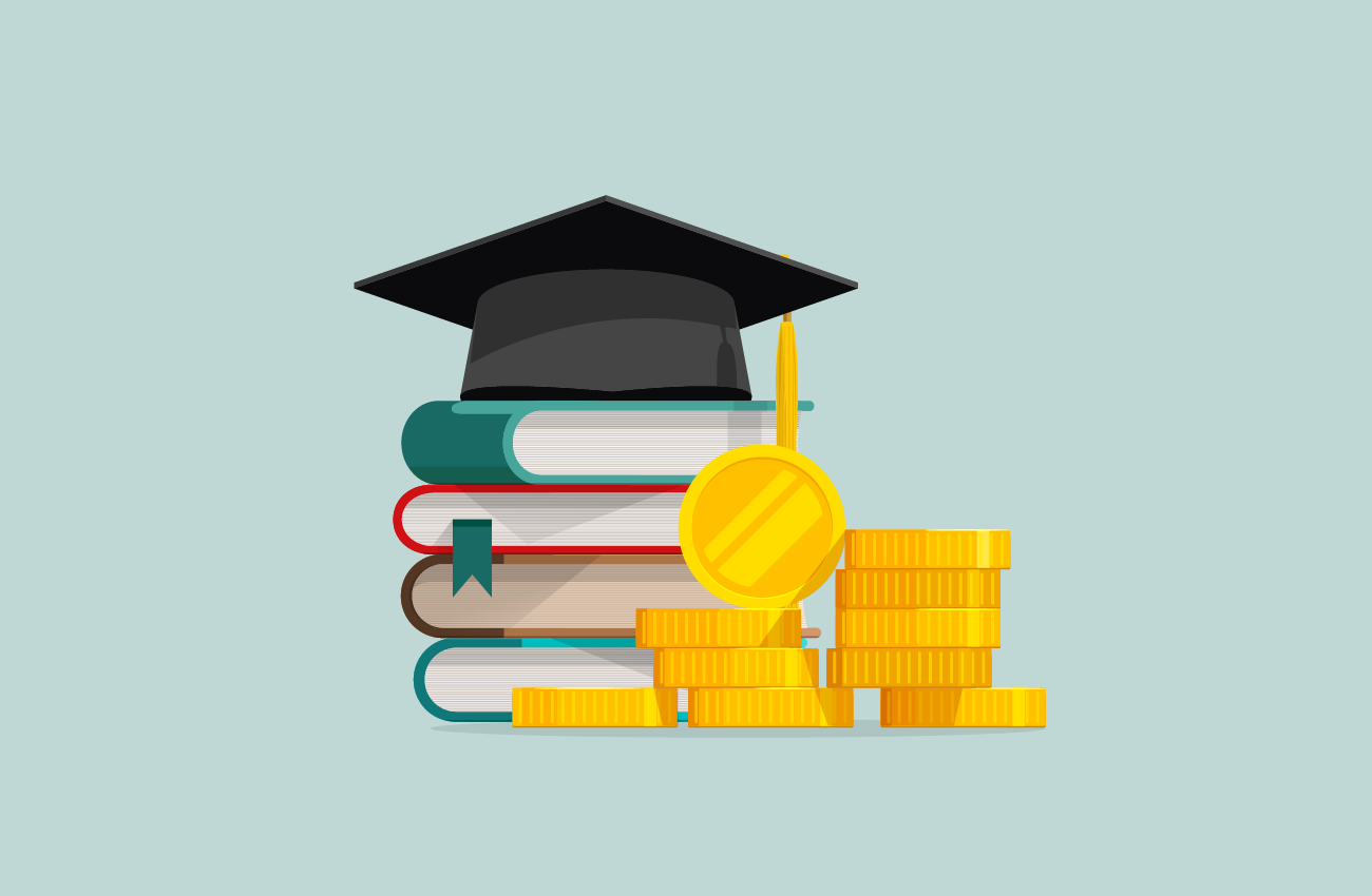 Graduation cap on top of books with gold coins