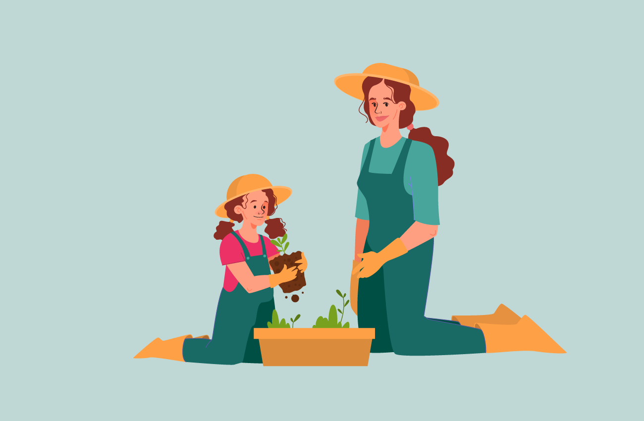 Mother doing gardening with daughter